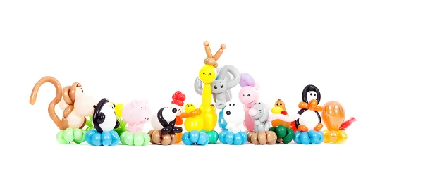 A wide variety of colorful balloon animals including a giraffe and elephant